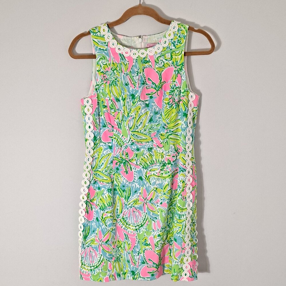 Lilly Pulitzer Bright Floral Hibiscus Shift Dress Lace Side Circle Class…